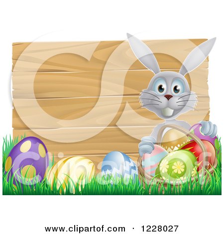 Clipart of a Gray Bunny over a Wood Sign and Easter Eggs 3 - Royalty Free Vector Illustration by AtStockIllustration