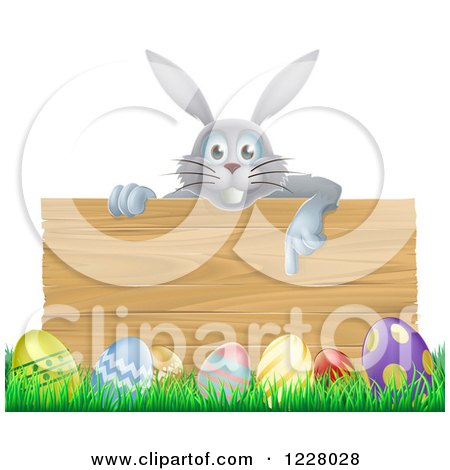 Clipart of a Gray Bunny over a Wood Sign and Easter Eggs 2 - Royalty Free Vector Illustration by AtStockIllustration
