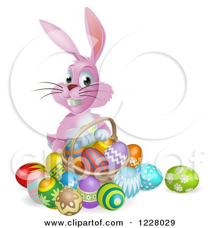Clipart of a Pink Bunny with Easter Eggs and a Basket - Royalty Free Vector Illustration by AtStockIllustration