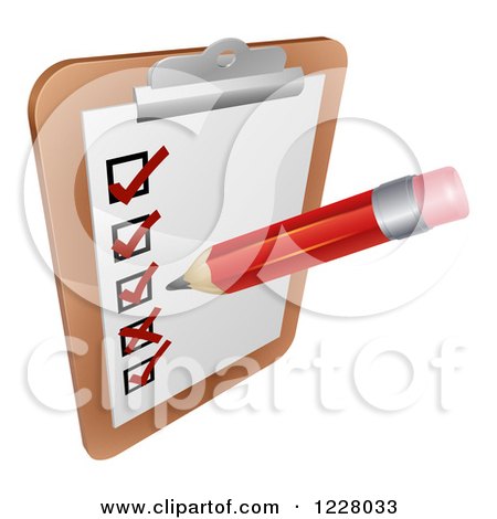 Clipart of a Pencil Filling out a Survey on a Clipboard - Royalty Free Vector Illustration by AtStockIllustration