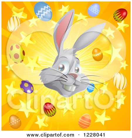 Clipart of a Burst of Rays Stars Eggs and an Easter Bunny - Royalty Free Vector Illustration by AtStockIllustration
