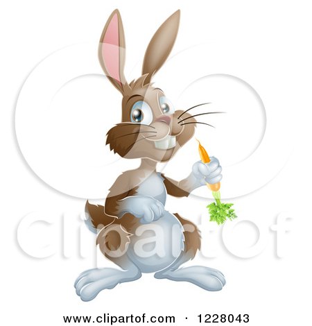 Clipart of a Happy Brown Bunny Rabbit Holding a Carrot - Royalty Free Vector Illustration by AtStockIllustration