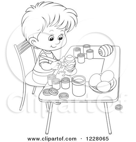 Clipart of an Outlined Boy Painting Easter Eggs - Royalty Free Vector Illustration by Alex Bannykh