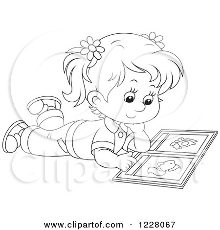 Clipart of an Outlined Girl Reading a Picture Book - Royalty Free Vector Illustration by Alex Bannykh