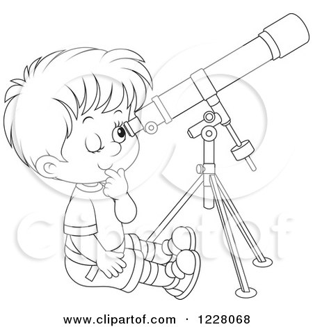 Clipart of an Outlined Boy Looking Through a Telescope - Royalty Free Vector Illustration by Alex Bannykh