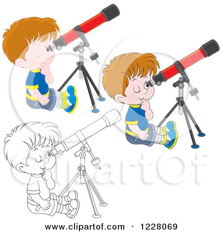 Clipart of Outlined and Colored Boys Looking Through Telescopes - Royalty Free Vector Illustration by Alex Bannykh
