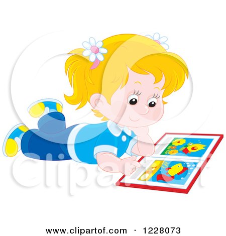 Clipart of a Blond Caucasian Girl Reading a Picture Book - Royalty Free Vector Illustration by Alex Bannykh