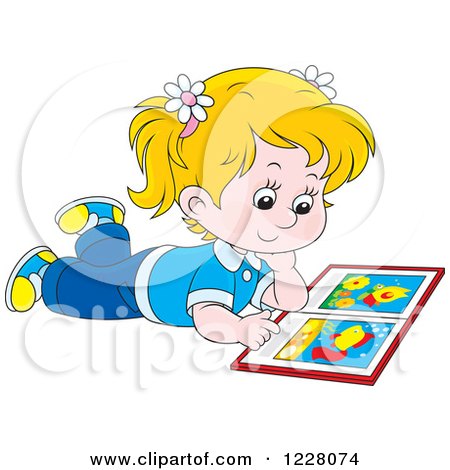 Clipart of a Blond Girl Reading a Picture Book - Royalty Free Vector Illustration by Alex Bannykh