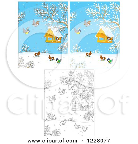 Clipart of Outlined and Colored Birds Around Feeders on a Winter Day - Royalty Free Vector Illustration by Alex Bannykh