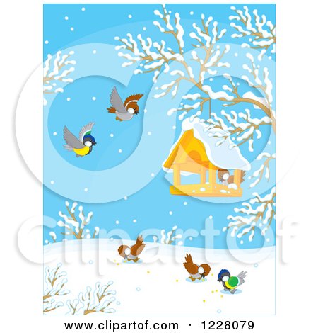 Clipart of Wild Birds Around a Feeder on a Winter Day - Royalty Free Vector Illustration by Alex Bannykh