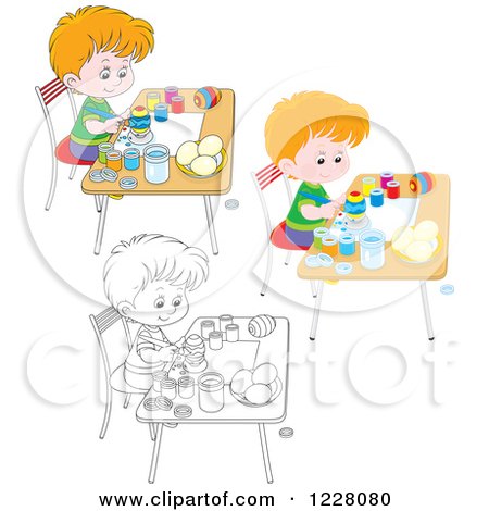 Clipart of Outlined and Colored Boys Painting Easter Eggs - Royalty Free Vector Illustration by Alex Bannykh