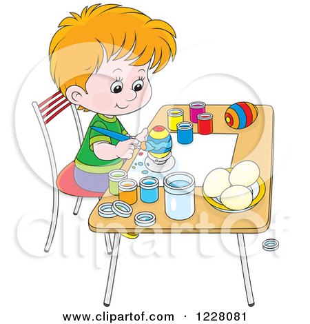 Clipart of a Caucasian Boy Painting Easter Eggs - Royalty Free Vector Illustration by Alex Bannykh