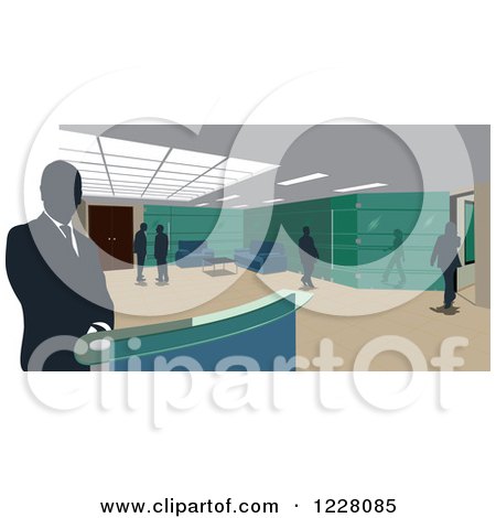 Clipart of a Silhouetted Business Man and Other People in an Office - Royalty Free Vector Illustration by David Rey