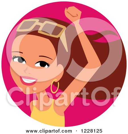 Clipart of a Young Brunette Woman Avatar Cheering and Wearing Shades - Royalty Free Vector Illustration by Monica
