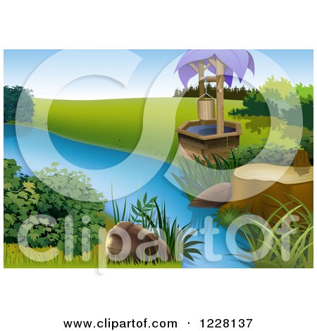 Clipart of a Water Well by a Creek - Royalty Free Vector Illustration by dero