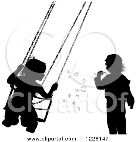 Clipart of Silhouetted Children Blowing Bubbles and Swinging - Royalty Free Vector Illustration by dero