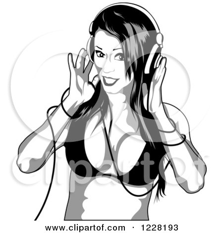 Clipart of a Grayscale Woman in a Bikini Top, Wearing Headphones - Royalty Free Vector Illustration by dero