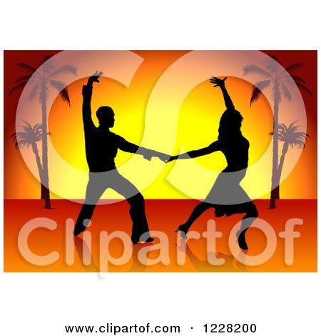 Clipart of a Silhouetted Latin Dance Couple over a Sunset with Palm Trees - Royalty Free Vector Illustration by dero