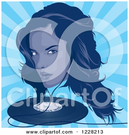 Clipart of a Woman Wearing Earbuds over a Vinyl Record and Blue Rays - Royalty Free Vector Illustration by dero
