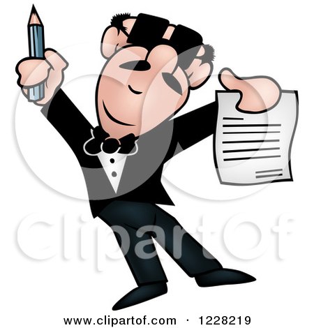 Clipart of a Man Holding up a Document and Pencil - Royalty Free Vector Illustration by dero