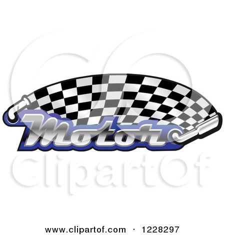 Clipart of a Checkered Racing Flag with the Word Motor in Blue and Muffler - Royalty Free Vector Illustration by Vector Tradition SM