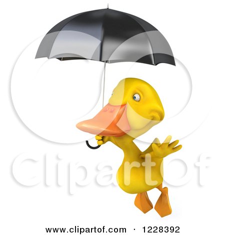 Clipart of a 3d Yellow Duck Flying with an Umbrella 2 - Royalty Free