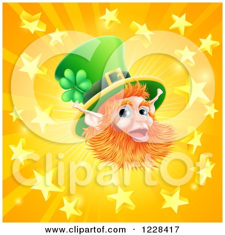 Clipart of a Happy St Patricks Day Leprechaun over a Star Burst - Royalty Free Vector Illustration by AtStockIllustration