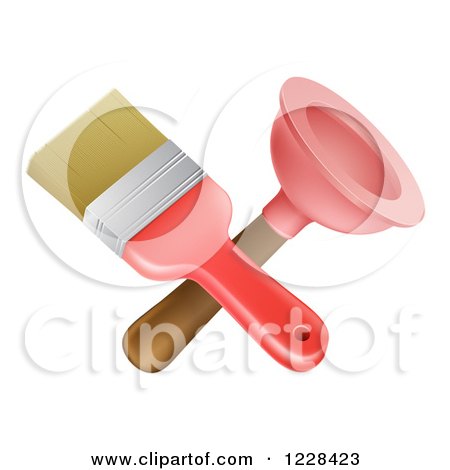 Clipart of a Crossed Paintbrush and Plunger - Royalty Free Vector Illustration by AtStockIllustration