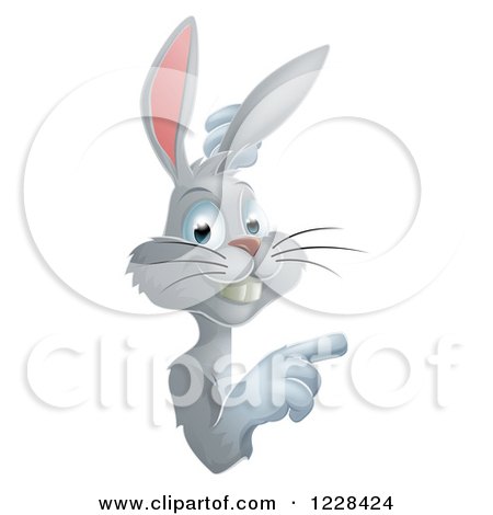 Clipart of a Gray Bunny Rabbit Pointing Around a Sign - Royalty Free Vector Illustration by AtStockIllustration