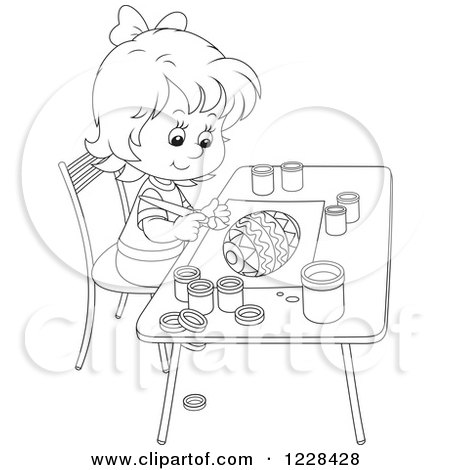 Clipart of an Outlined Girl Painting an Easter Egg - Royalty Free Vector Illustration by Alex Bannykh