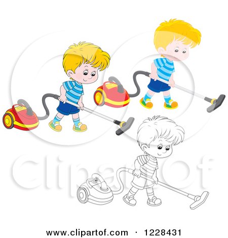 Clipart of Outlined and Colored Boys Using Canister Vacuums - Royalty Free Vector Illustration by Alex Bannykh
