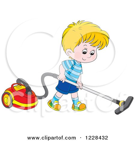 Clipart of a Blond Boy Using a Canister Vacuum - Royalty Free Vector Illustration by Alex Bannykh