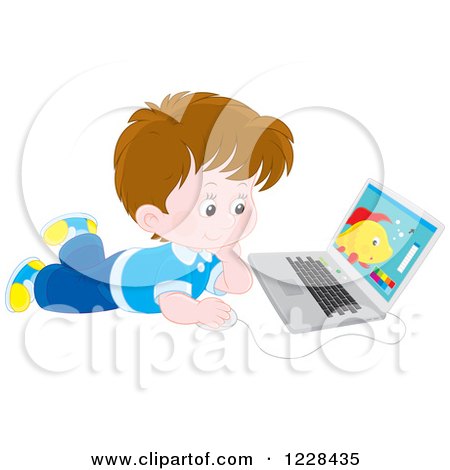 Clipart of a Brunette Boy Using a Laptop on the Floor - Royalty Free Vector Illustration by Alex Bannykh