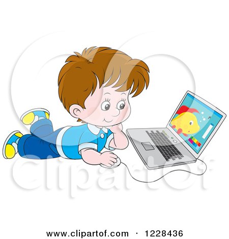 Clipart of a Brunette Caucasian Boy Using a Laptop on the Floor - Royalty Free Vector Illustration by Alex Bannykh
