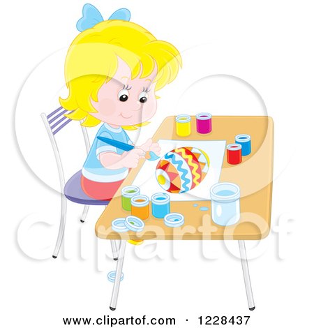 Clipart of a Blond Girl Painting an Easter Egg - Royalty Free Vector Illustration by Alex Bannykh