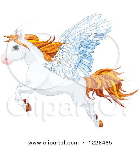 Clipart of a Flying White Winged Pegasus Horse with Orange Hair - Royalty Free Vector Illustration by Pushkin