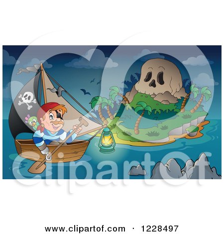 Clipart of a Pirate Rowing a Boat to a Skull Island at Night - Royalty Free Vector Illustration by visekart