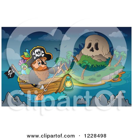 Clipart of a Pirate Captain Rowing a Boat to a Skull Island at Night - Royalty Free Vector Illustration by visekart