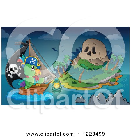 Clipart of a Pirate Parrot Rowing a Boat to a Skull Island at Night - Royalty Free Vector Illustration by visekart