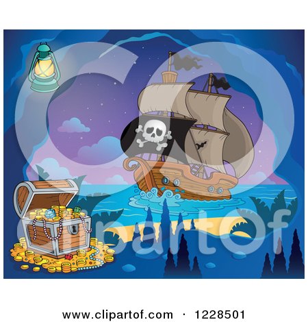 Clipart of a Pirate Ship near a Treasure in a Cave at Night - Royalty Free Vector Illustration by visekart