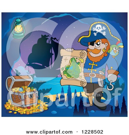 Clipart of a Pirate Captain with Treasure and a Map in a Cave at Night - Royalty Free Vector Illustration by visekart