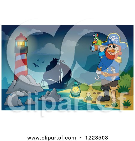 Clipart of a Lighthouse Ship and Pirate Captain with a Telescope at Night - Royalty Free Vector Illustration by visekart