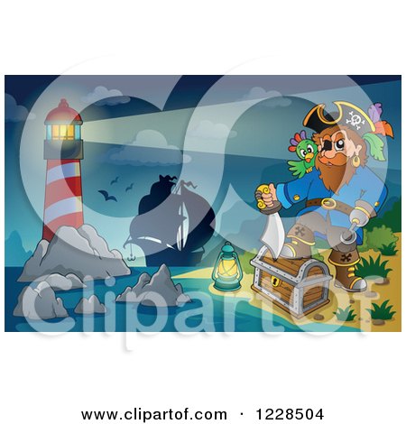 Clipart of a Lighthouse Ship and Pirate Captain with a Treasure Chest at Night - Royalty Free Vector Illustration by visekart