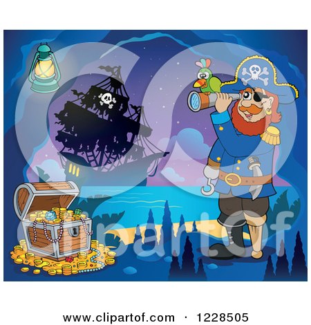 Clipart of a Pirate Captain with Treasure and a Telescope in a Cave at Night - Royalty Free Vector Illustration by visekart