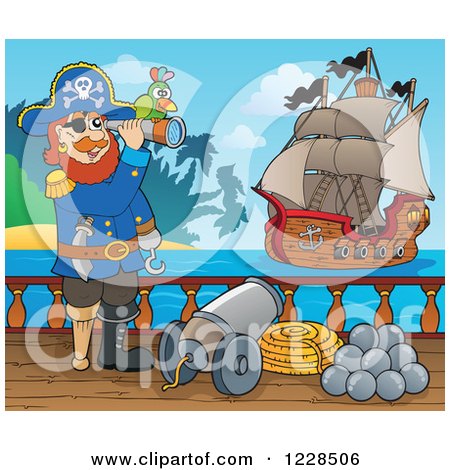 Clipart of a Pirate Captain on Deck, Viewing Another Ship - Royalty Free Vector Illustration by visekart