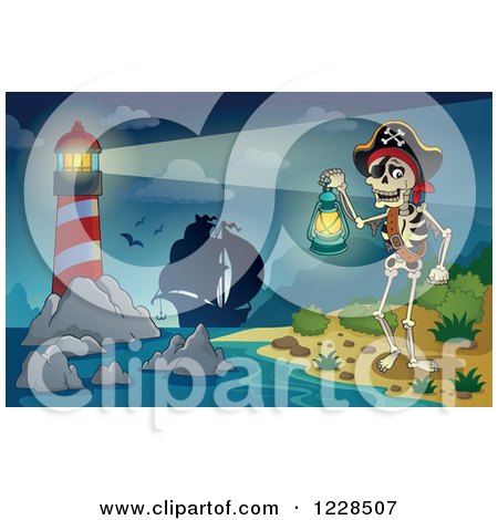 Clipart of a Lighthouse Ship and Pirate Skeleton at Night - Royalty Free Vector Illustration by visekart