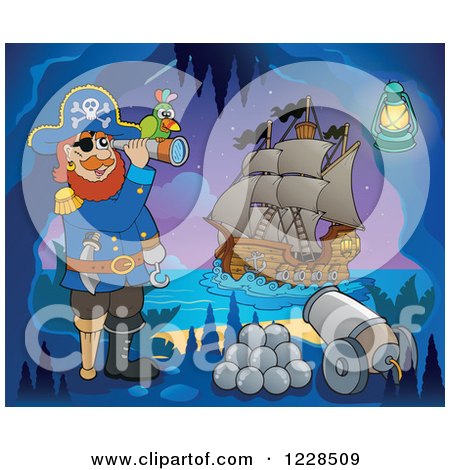 Clipart of a Pirate Captain with Canon and a Telescope in a Cave at Night - Royalty Free Vector Illustration by visekart