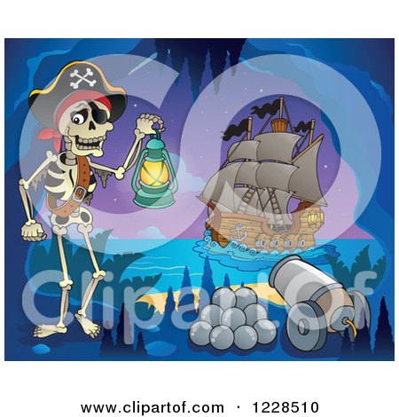 Clipart of a Pirate Skeleton with a Canon in a Cave at Night - Royalty Free Vector Illustration by visekart