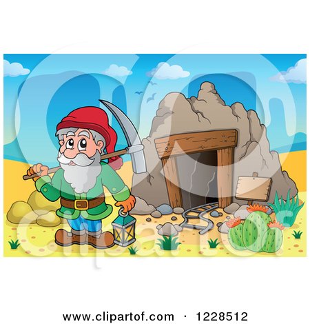 Clipart of a Dwarf with a Pickaxe at a Mining Cave - Royalty Free Vector Illustration by visekart