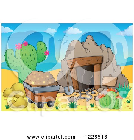 Clipart of a Cart and Desert Mining Cave - Royalty Free Vector Illustration by visekart